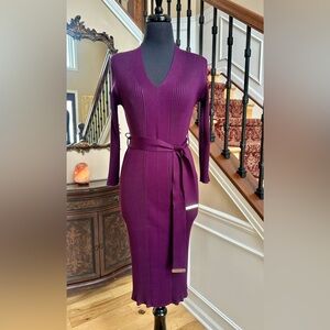 Elegant Plum Ribbed V-Neck Tie-Waist Midi Dress Size M New no Tag